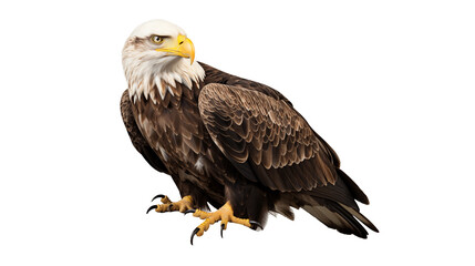 Bald eagle on wood, rustic perch, USA freedom symbol, powerful bird of prey, white background wildlife art, isolated on transparent background.