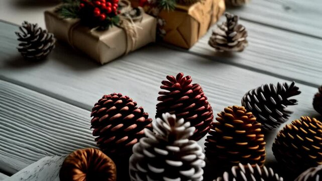 Wrapped presents on rustic wooden boards decorated with festive greenery and pinecones, winter holiday gift giving concept
