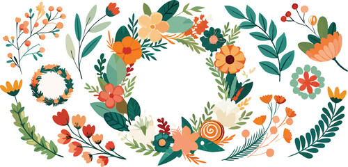 Vibrant Floral Wreath A Collection of Spring Blossoms and Botanical Elements