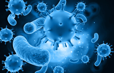 Virus, bacteria on abstract blue color background. 3d illustration.