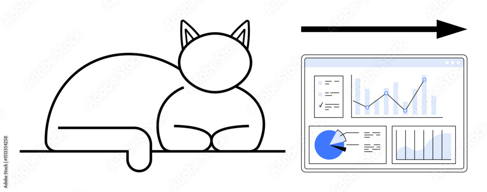 Poster cat lying calmly near an arrow indicating movement towards a statistical dashboard displaying charts