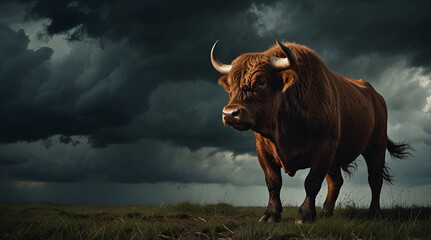 Powerful bull charging through dark stormy clouds, showing casing strength and intensity in a dramatic atmosphere, copy space for text,generative.ai
