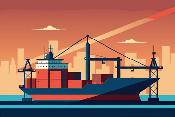 cargo ship at sunset