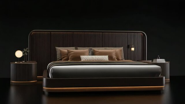 Modern double bed with high dark headboard with vertical carving and built-in perimeter lighting