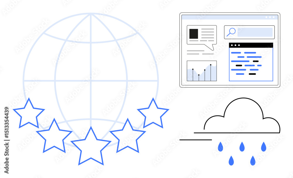 Poster globe grid with five stars, analytics dashboard with graphs and data, cloud emitting rain droplets. 