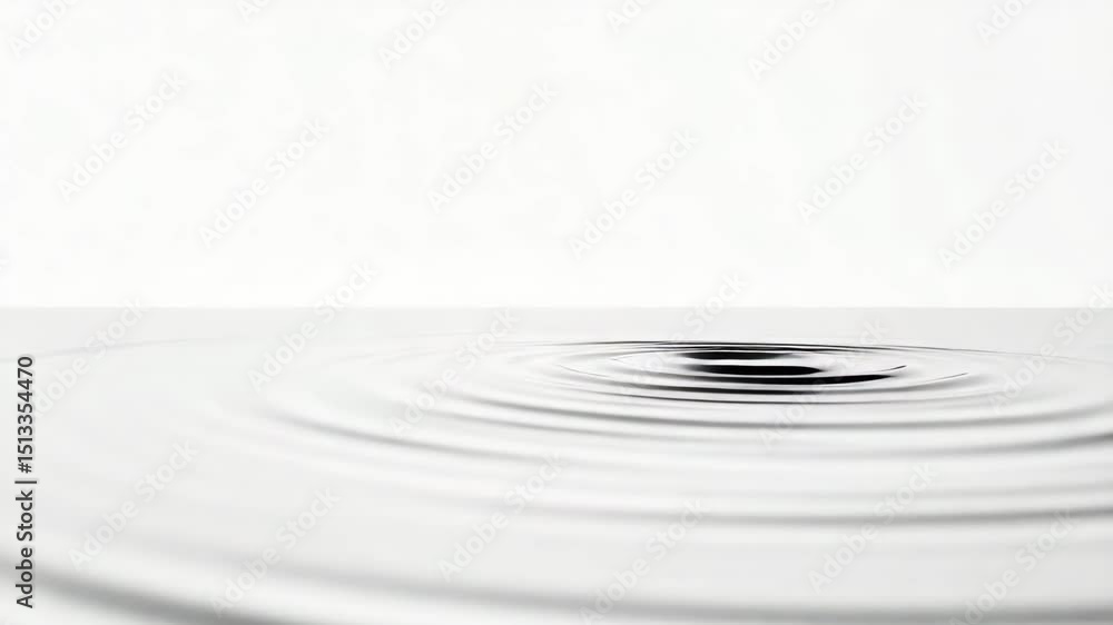 Poster drop falling into water creating concentric circles on surface with water column rising up on white 