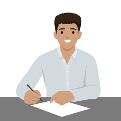 Smiling Man Signing a Document. Flat vector illustration isolated on white background