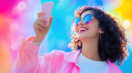 Joyful woman with curly hair taking selfie, wearing sunglasses and pink jacket, surrounded by colorful background