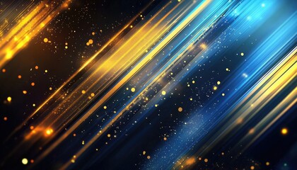 Abstract diagonal lines of gold and blue light with glittering particles.