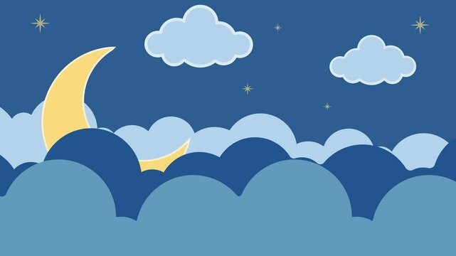 lunar night at sky cartoon animation backgrounds video . minimalist nature landscape with moon star and clouds animated footage motion graphic illustration design