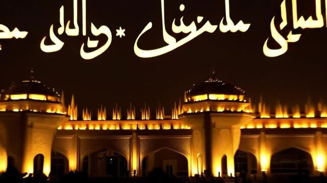masjid-masjid bersinar, tipografi Arab, dan pesan Idul Adha Mubarak yang meriah pada tembok bata gelap&mdash;cocok untuk visual perayaan Islam, generative AI