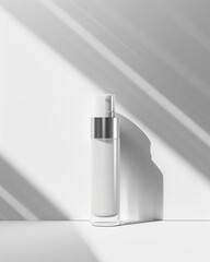Minimalist skincare bottle with silver cap in soft light shadows  