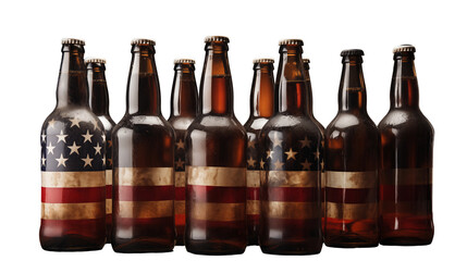 Rustic beer bottles with American flag designs, patriotic July 4th celebration, aged brown glass, national pride beverage display, isolated on transparent background.