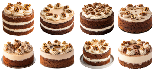 Collection of various Coffee walnut cake with a rich coffee-flavored sponge and cream, topped with walnut halves isolated on white transparent background PNG set