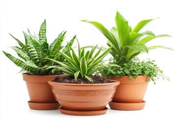 Potted plants in terracotta pots. Lush greenery.  Healthy flora