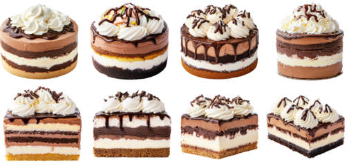 Collection of various Ice cream cake with layers of chocolate and vanilla ice cream, topped with whipped cream and fudge sauce isolated on white transparent background PNG set