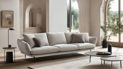 Obraz premium Light gray sofa with round coffee table in a modern living room.