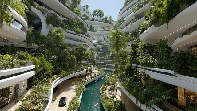 Futuristic Green Cityscape Concept with Lush Vegetation and Modern Architecture