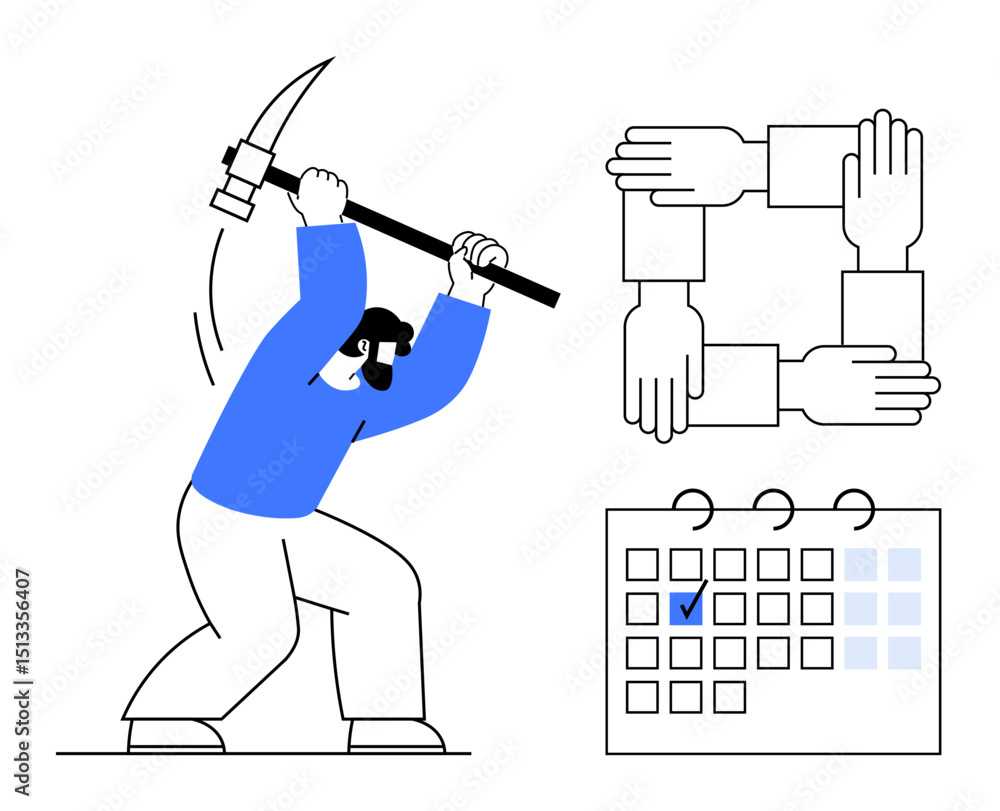 Aufkleber person using pickaxe symbolizing effort, hands forming a square for unity, and a marked calendar rep