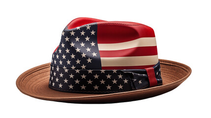 Fedora hat with American flag design, retro patriotic style, red-blue stars fashion accessory, summer USA symbol headwear, isolated on transparent background.