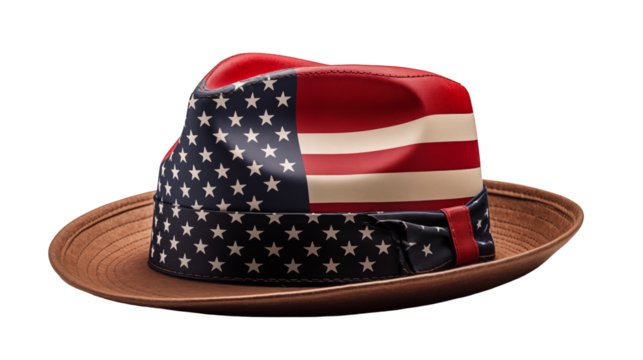 Fedora hat with American flag design, retro patriotic style, red-blue stars fashion accessory, summer USA symbol headwear, isolated on transparent background.