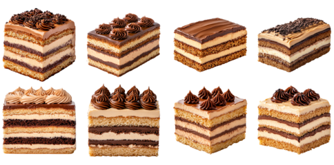 Collection of various Opera cake with layers of almond sponge, coffee buttercream, and chocolate ganache isolated on white transparent background PNG set