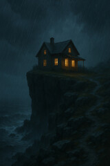 Cliff house at stormy night 