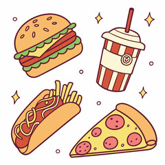 Cartoon Fast Food Sticker Set Colorful Vector Icons of Burger, Fries, Pizza & More