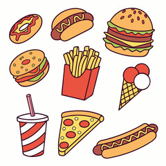 Cartoon Fast Food Sticker Set Colorful Vector Icons of Burger, Fries, Pizza & More