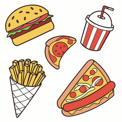 Cartoon Fast Food Sticker Set Colorful Vector Icons of Burger, Fries, Pizza & More