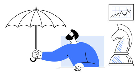 Obraz premium Man holding umbrella symbolizing protection chess knight for strategy chart for analytics. Ideal for insurance, business strategy, finance, leadership, security, planning, flat simple metaphor