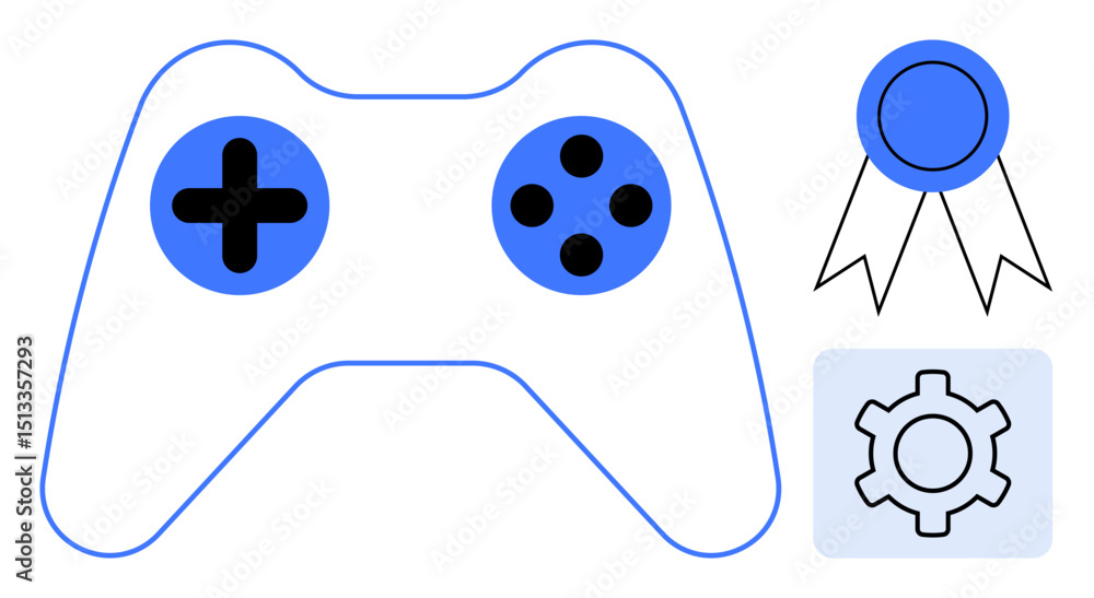 Aufkleber gaming controller with a medal symbolizing achievement and a gear representing customization. ideal 