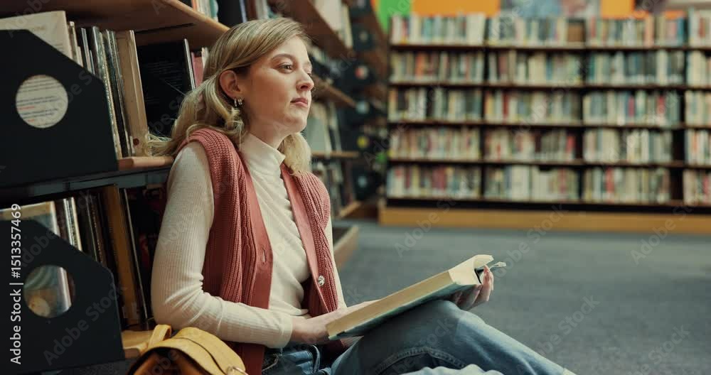 Poster Girl, thinking or reading a book in library for exam preparation, study insight or test knowledge. University, gen z student or thoughtful on floor for research solution, thesis planning or education