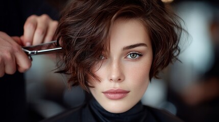 Obraz premium A woman with short brown hair is getting her hair cut by a stylist. The stylist is using scissors to trim the woman's hair