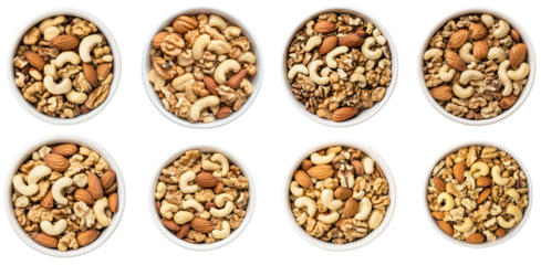 Collection of various A bowl of chopped walnuts and cashews for cake toppings and mixing isolated on white transparent background PNG set