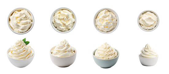 Collection of various A bowl of cream cheese and mascarpone for cake frosting isolated on white transparent background PNG set