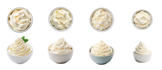 Collection of various A bowl of cream cheese and mascarpone for cake frosting isolated on white transparent background PNG set