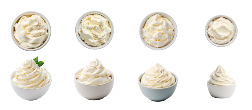 Collection of various A bowl of cream cheese and mascarpone for cake frosting isolated on white transparent background PNG set