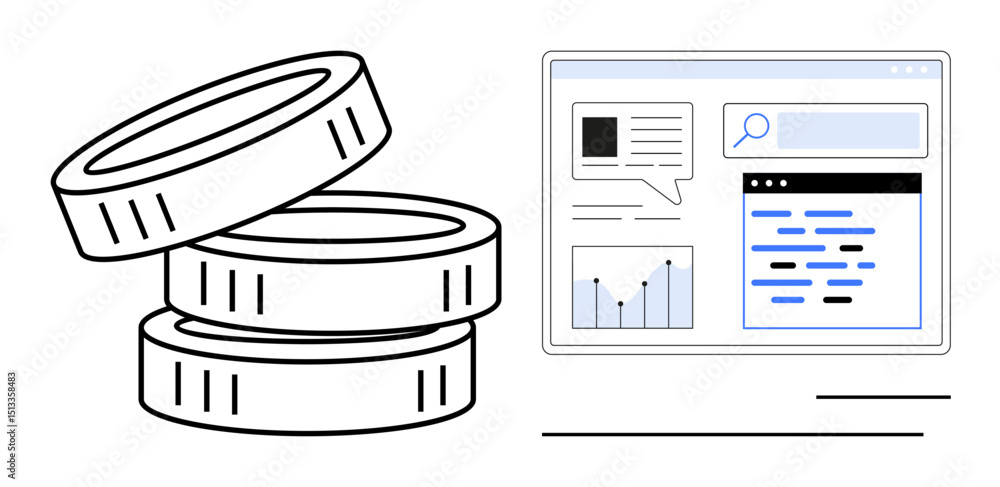 Poster stacked coins next to web interface displaying search bar, charts, and text content. ideal for finan