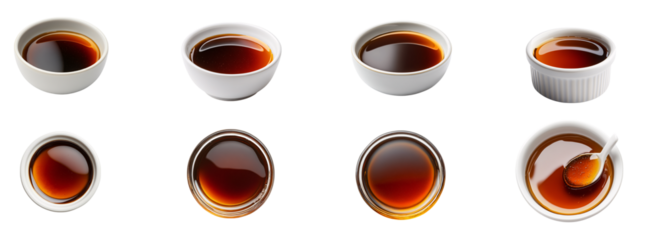 Collection of various A bowl of maple syrup and molasses for sweetening cake recipes isolated on white transparent background PNG set