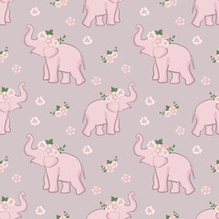 Adorable seamless pattern featuring baby pink elephants with floral crowns on a soft background. Suitable for baby clothing, nursery prints, and kid-themed merchandise.