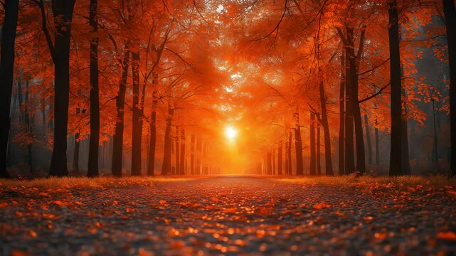 Amazing autumn landscape. Panoramic forest nature. Colorful forest with sun rays orange golden leaves trees. dream fantasy scenic pathway. Beautiful fall park footpath