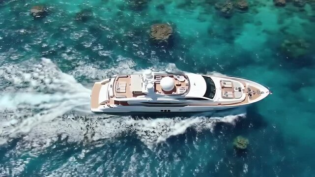 A stunning cinematic aerial video of a luxury white yacht cruising through a vibrant blue tropical lagoon, surrounded by shallow coral reefs beneath the crystal-clear water.