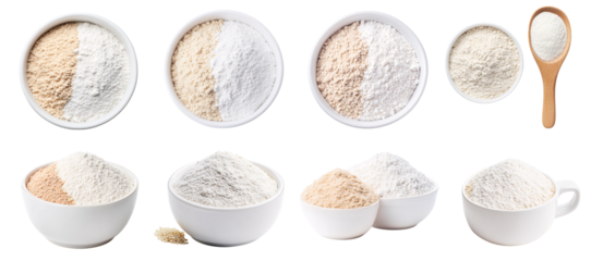 Collection of various A cup of brown rice flour and tapioca flour for cake recipes isolated on white transparent background PNG set