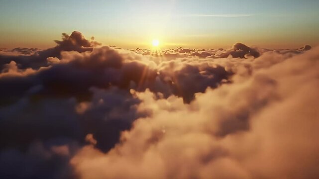 An aerial shot above beautiful sunset clouds with sun shining through fog, detailed picturesque view, camera moving into amazing cloudscape with beautiful light rays, realistic CG animation.