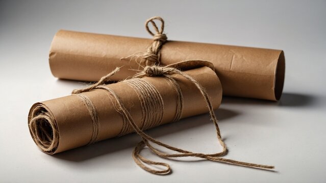 Eco friendly paper tube packaging with two empty label tags and string on white background mockup