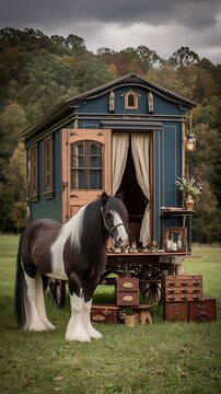 Gypsy Vanner Horse and Ornate Vardo in Autumnal Setting. A majestic Gypsy Vanner horse stands proudly beside a beautifully decorated vardo wagon.