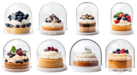 Collection of various A transparent plastic cake dome packaging with a secure base isolated on white transparent background PNG set