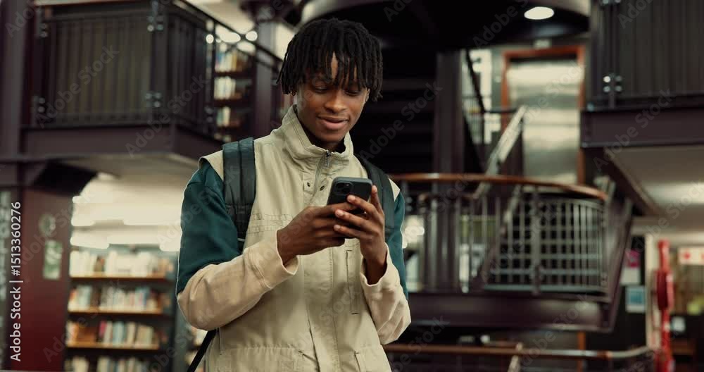Aufkleber Man, student and happy with phone at library for research, project and check schedule for studying. Person, smartphone and smile with mobile app with learning, education or social media at university