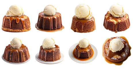 Collection of various Sticky toffee pudding cake with rich caramel sauce and a scoop of vanilla ice cream isolated on white transparent background PNG set